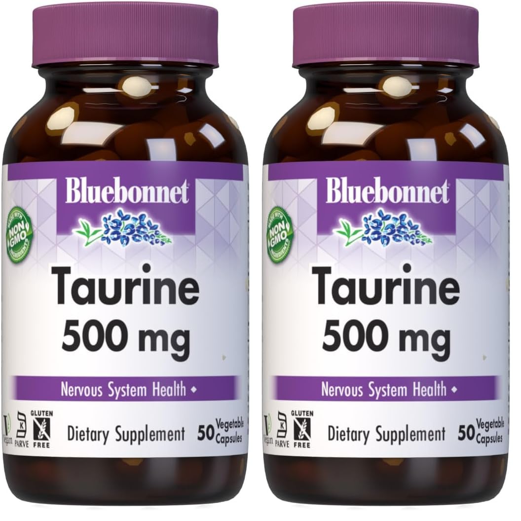 BlueBonnet Taurine 500 mg Capsules bottle with label – Pack of 2 (50 capsules per bottle)