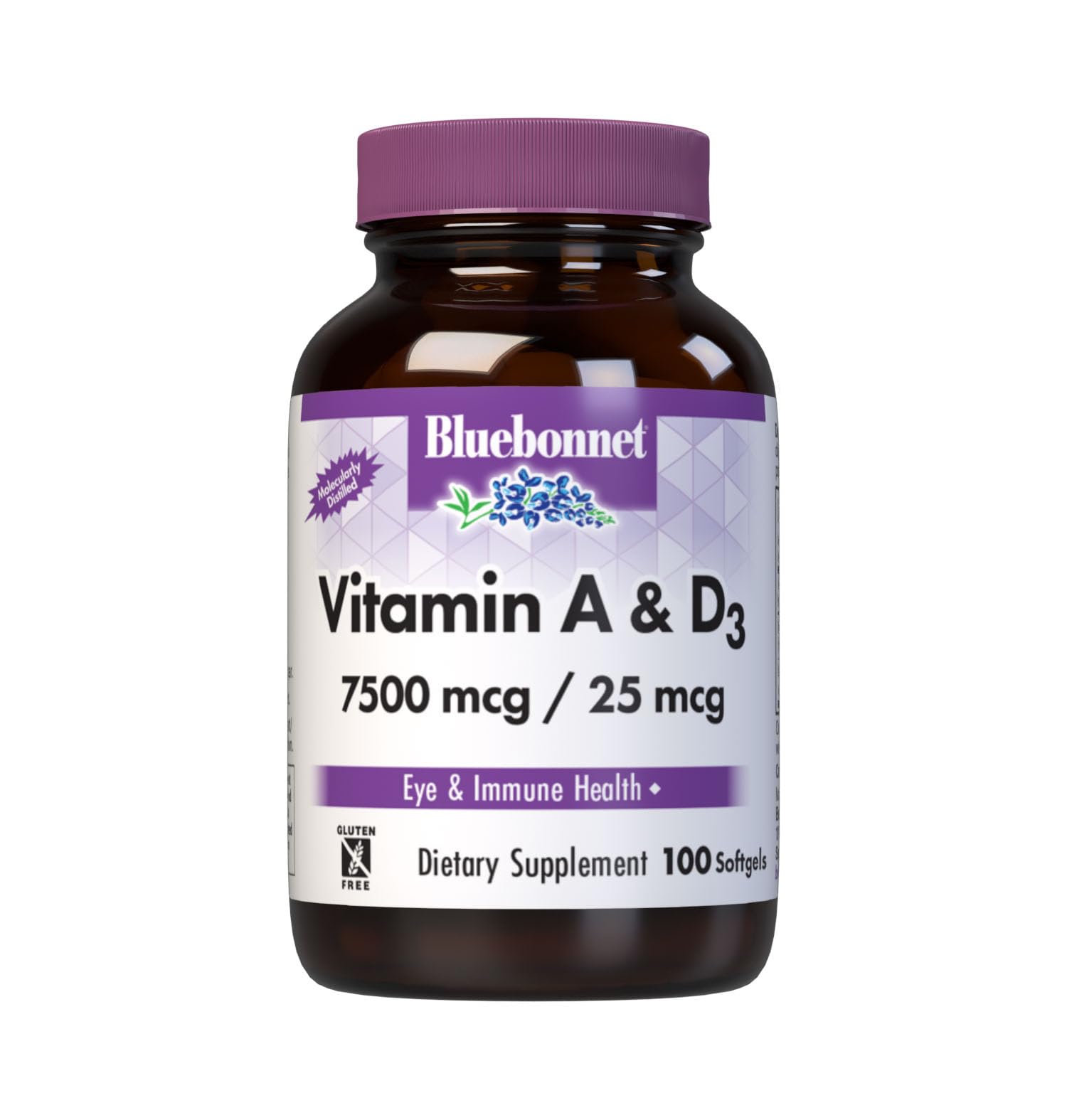 Front label view of Bluebonnet Vitamin A & D3 25,000 IU / 1,000 IU softgels