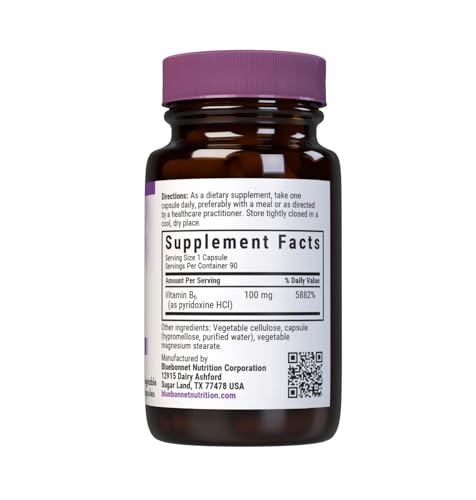 Close-up of BlueBonnet Vitamin B6 100 mg vegetable capsules bottle label