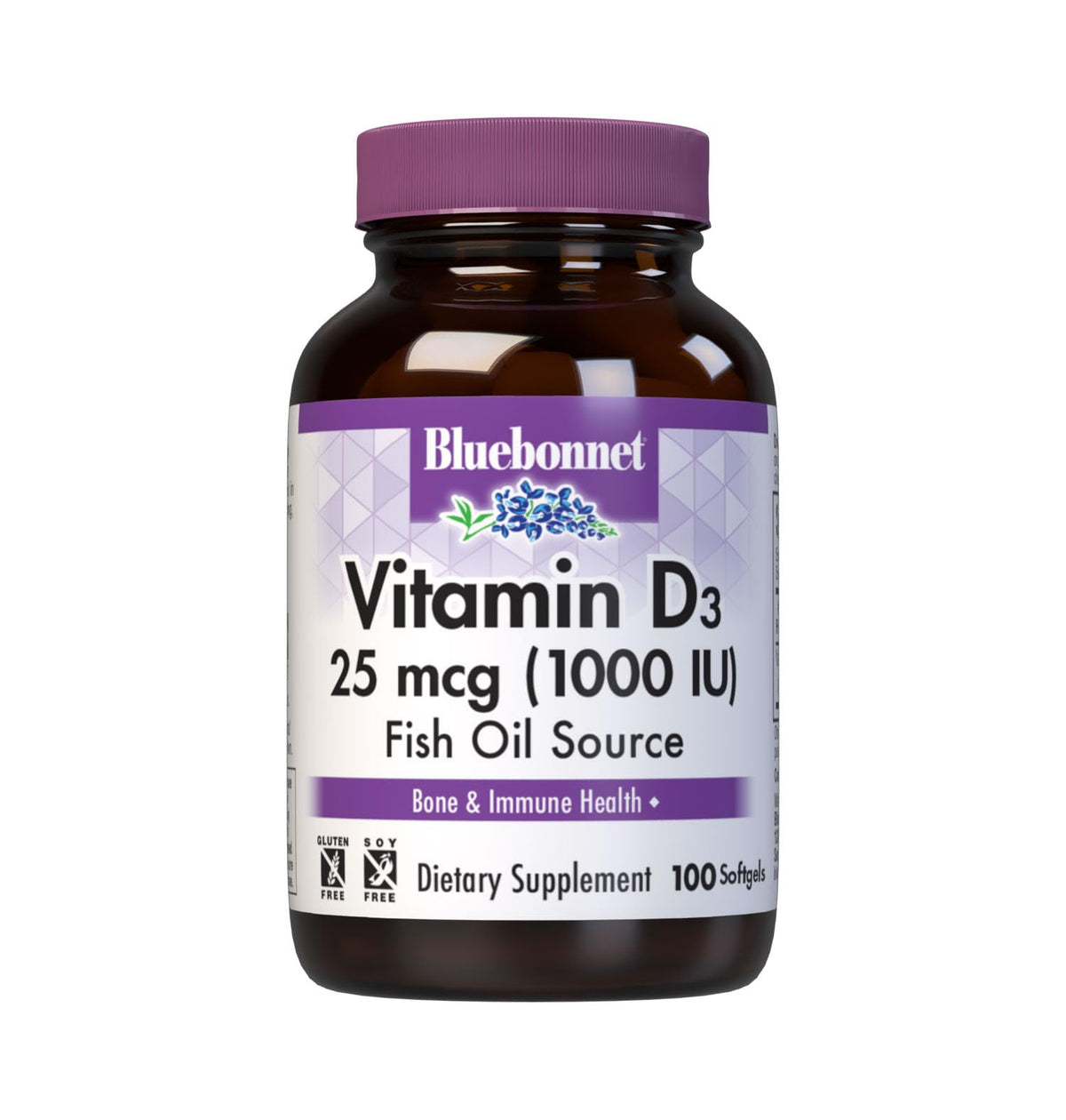 Bluebonnet Vitamin D3 1000 IU softgels bottle on white background