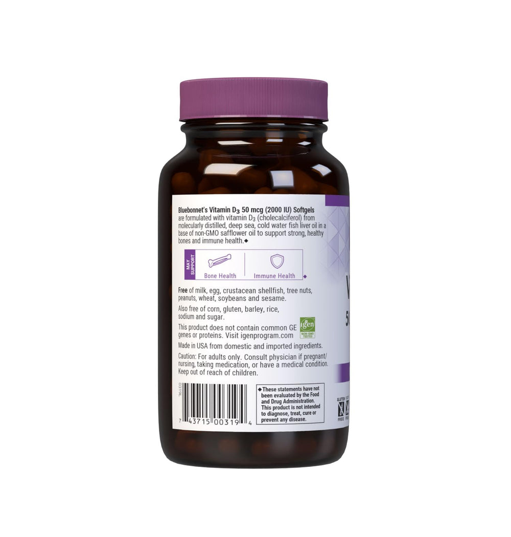 Close-up of bottle showing Vitamin D3 2000 IU details