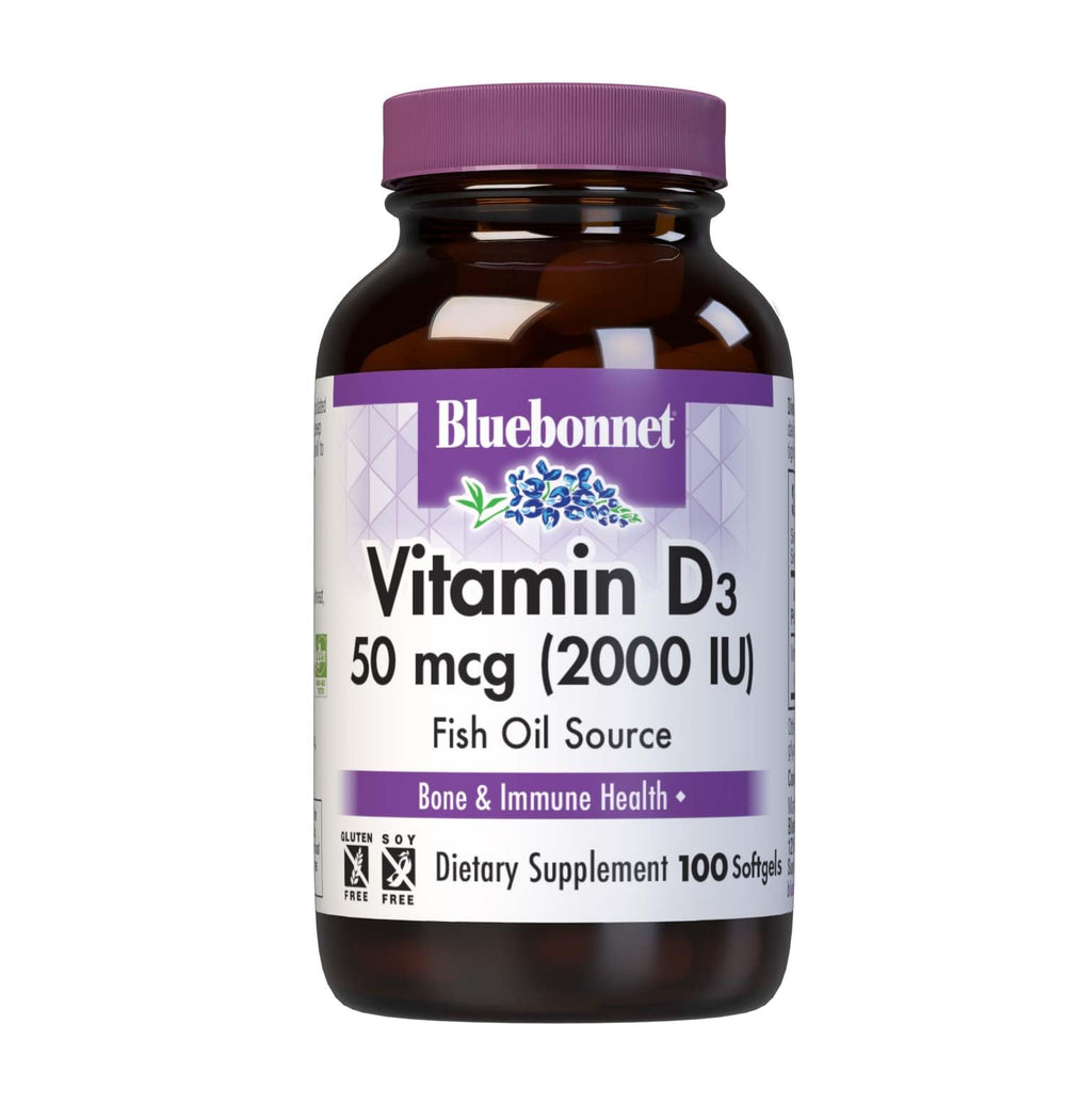 Bottle of Bluebonnet Vitamin D3 2000 IU softgels, 100 count