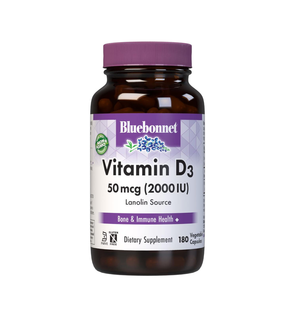 Bluebonnet Vitamin D3 2000 IU vegetable capsules bottle label.