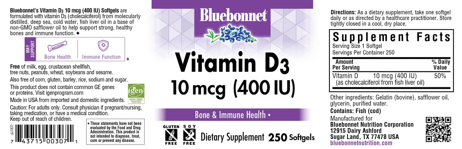 Supplement facts and ingredients of Bluebonnet Vitamin D3 400 IU Softgels