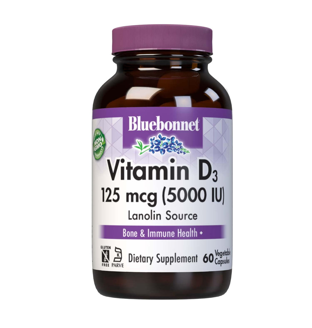 Front view of Bluebonnet Vitamin D3 5000 IU vegetable capsule bottle