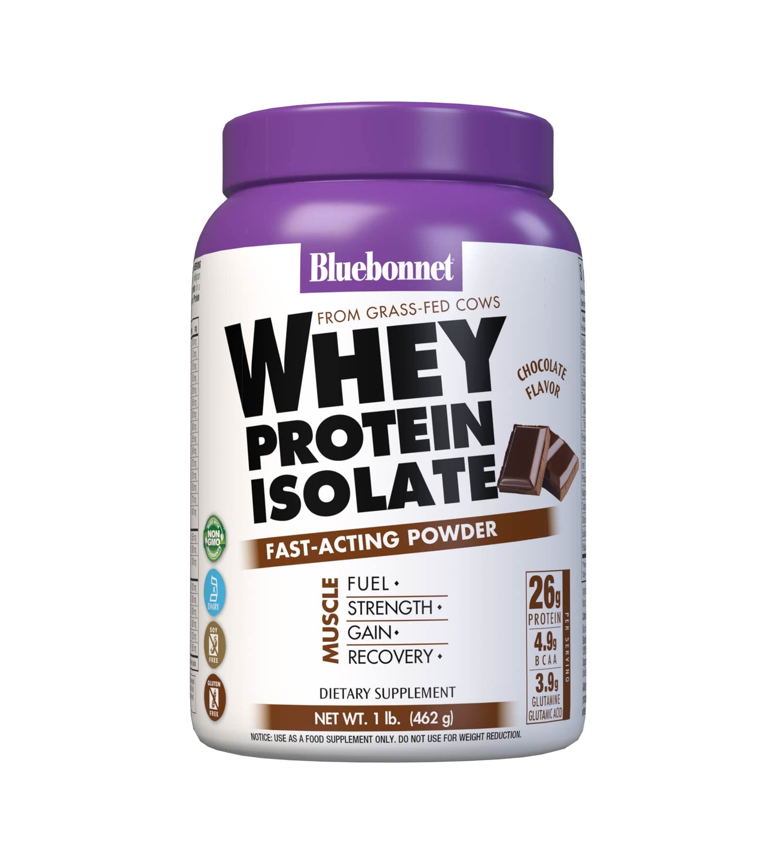 Bluebonnet Whey Protein Isolate bottle showing 26g protein per serving for muscle support