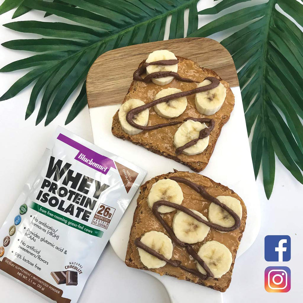 Bluebonnet Whey Protein Isolate chocolate powder with scoop ready for mix