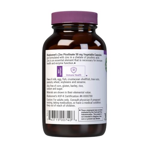 Bluebonnet Zinc Picolinate 50 mg label showing Non-GMO, Vegan and Gluten-Free icons