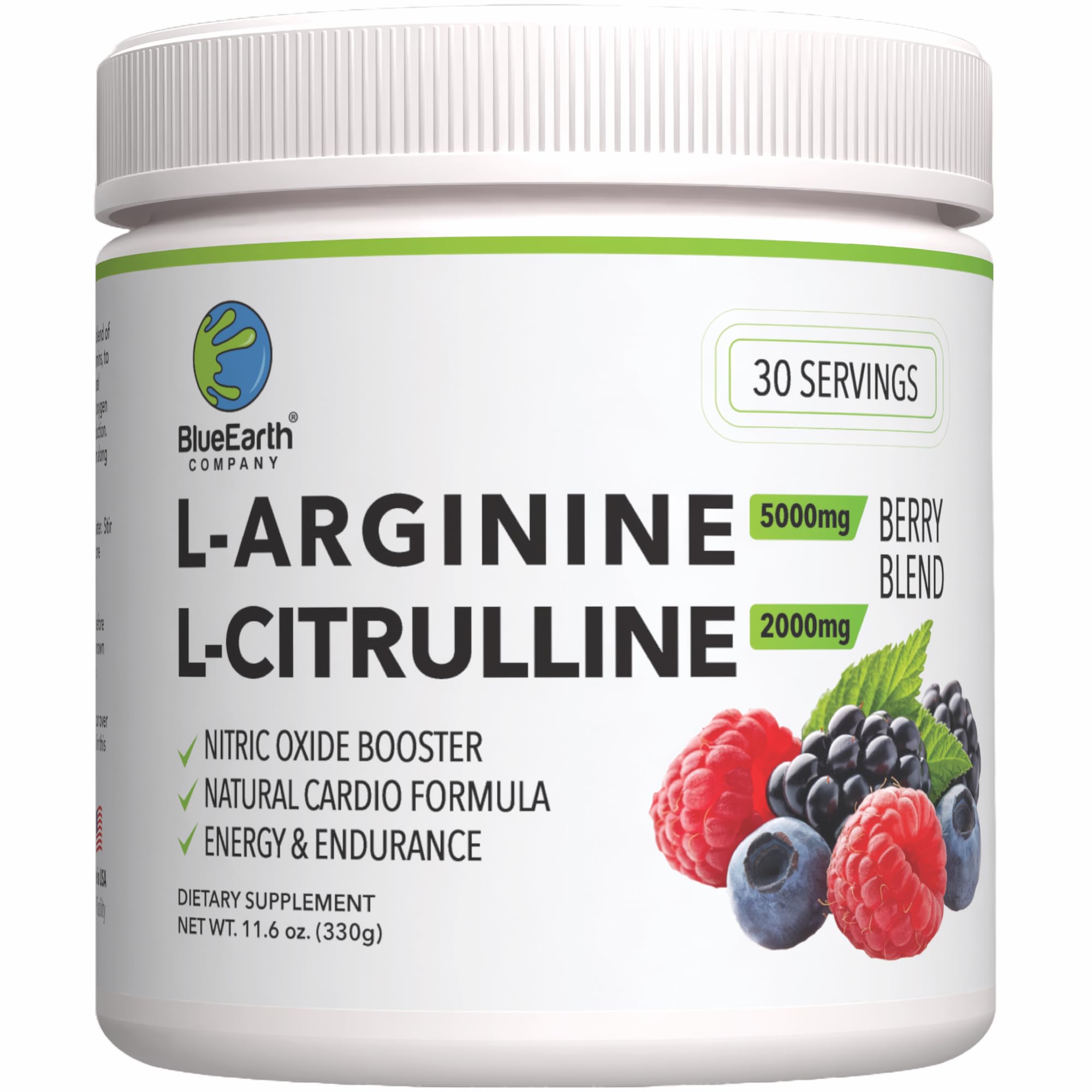 BlueEarth L-Arginine 5000mg + L-Citrulline 2000mg Berry Blend powder bottle front view