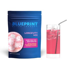 Bottle of Blueprint Bryan Johnson Longevity Mix with Blood Orange flavor.
