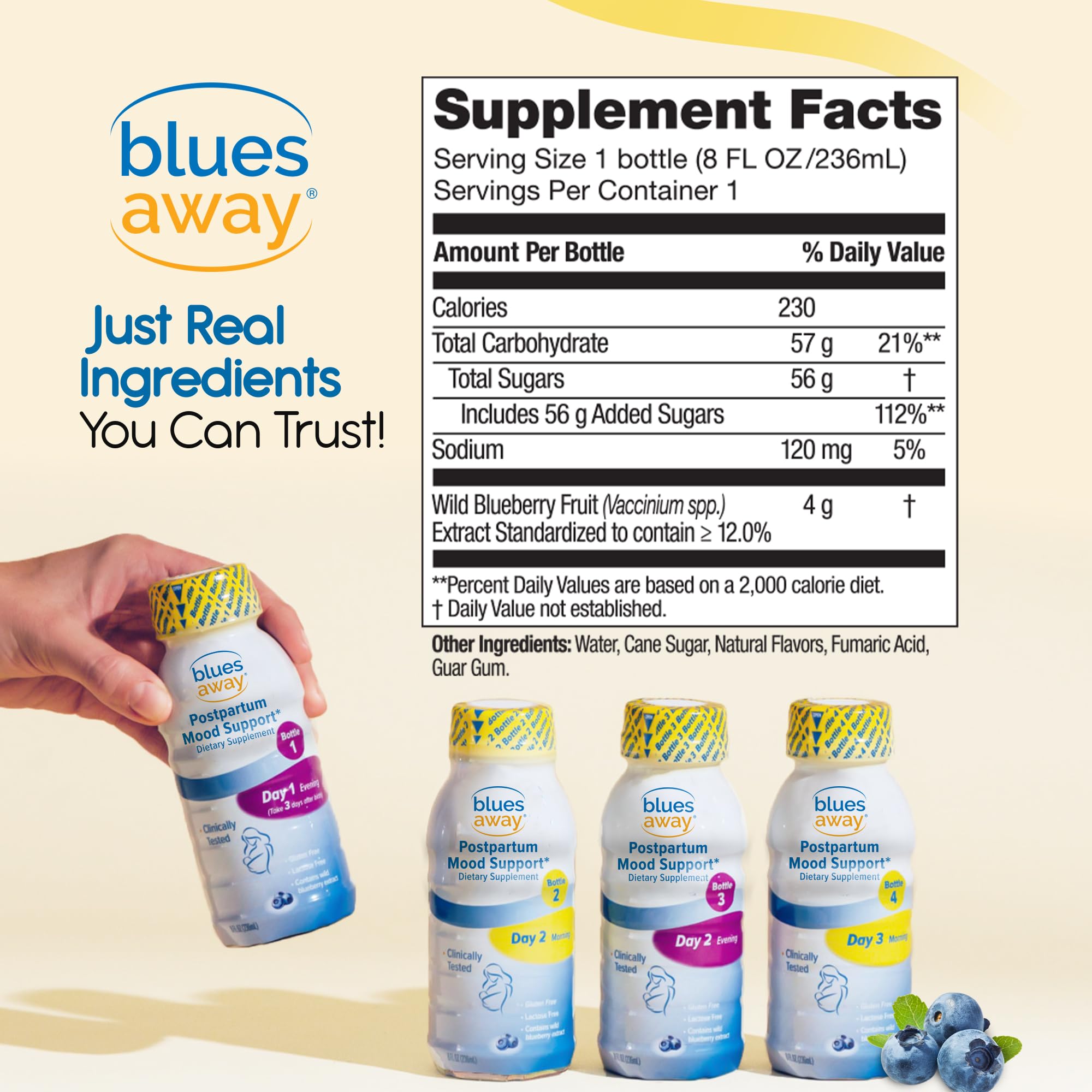 Bottle lineup of Blues Away Postpartum Mood Support Drink (4-Bottle Regimen)