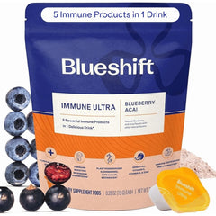 Blueshift Immune Ultra 5-in-1 immune support powder drink mix with Blueberry Acai Pods