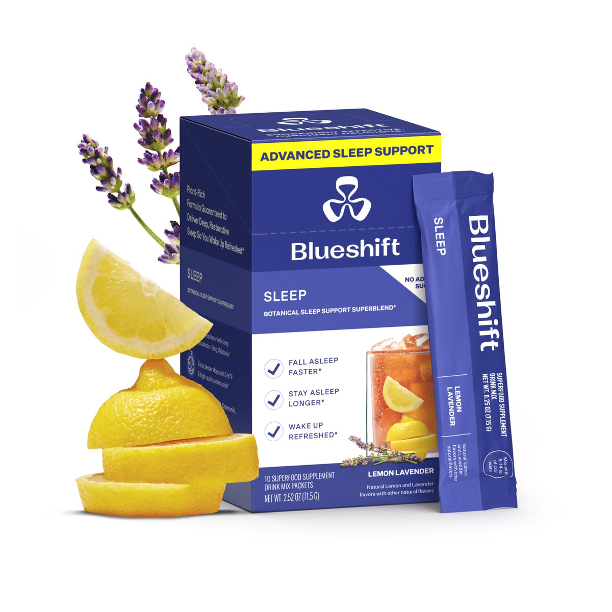 Blueshift Sleep Aid Lemon Lavender stick-pack 10-count on white background