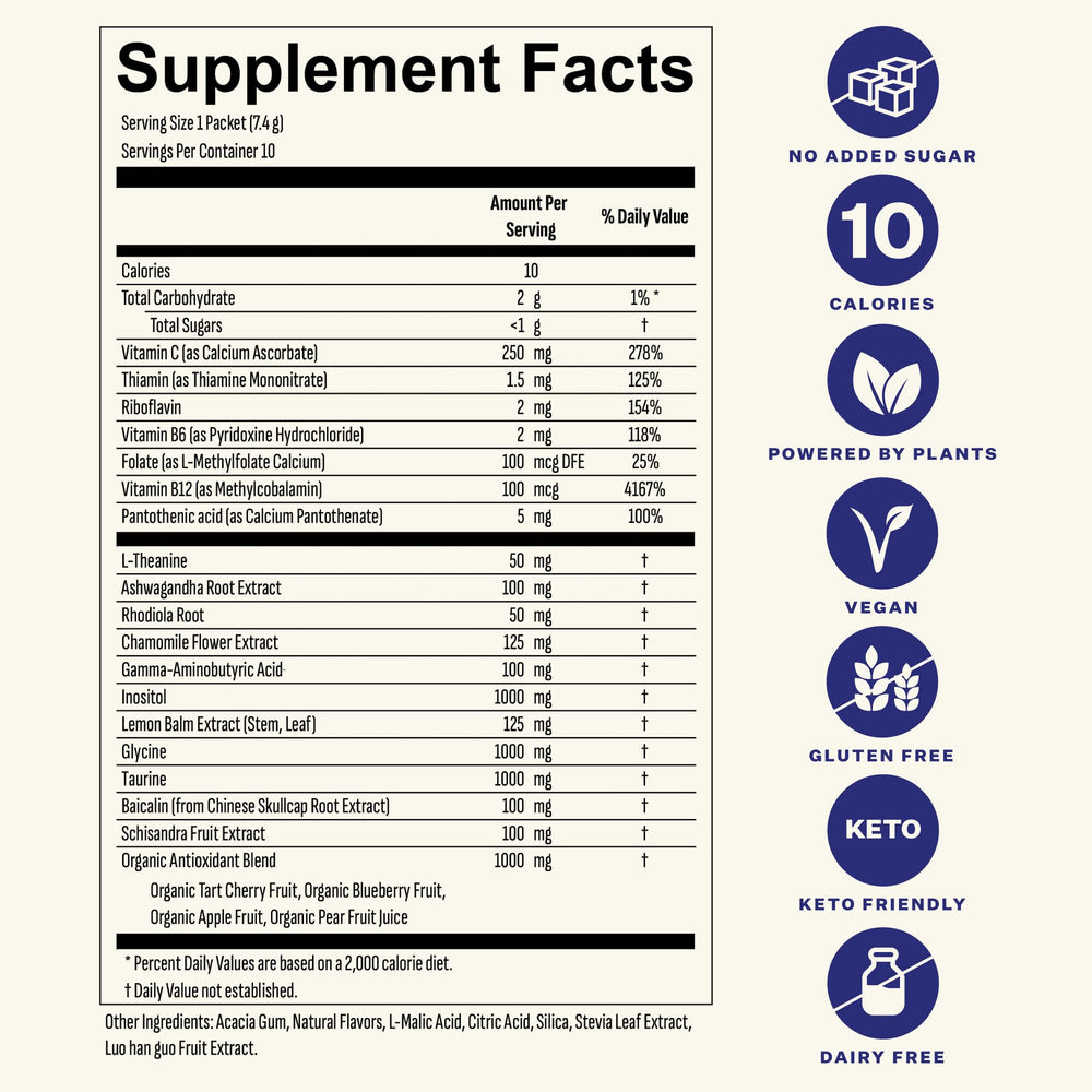 Prepared Blueshift Calm beverage in a glass with Blackberry Sage
