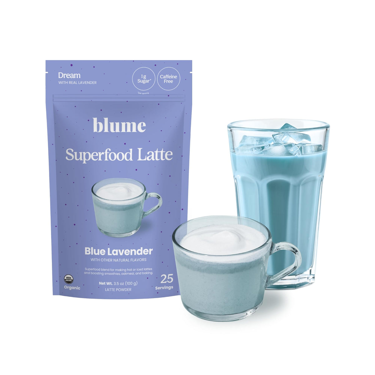 Blume Blue Lavender Latte powder in a jar labeled 25 servings