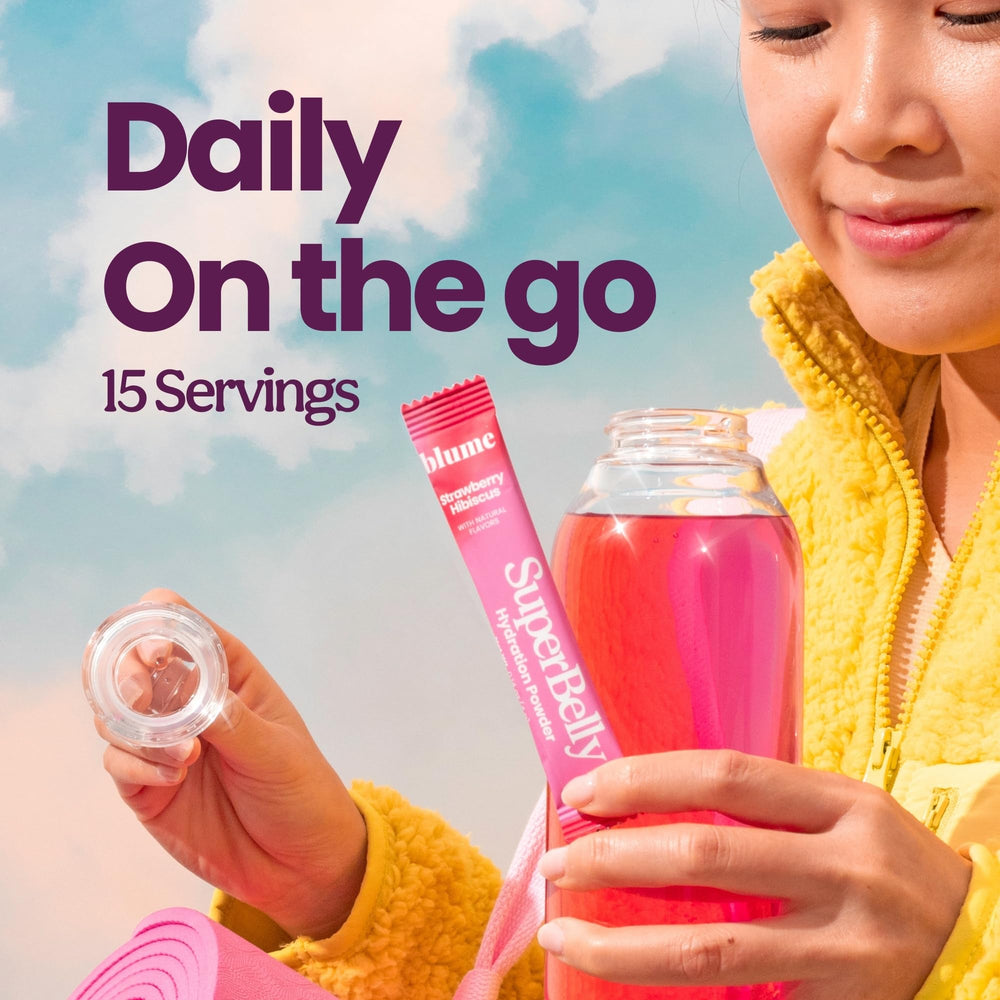 Blume SuperBelly hydration sticks with electrolytes for on-the-go hydration.