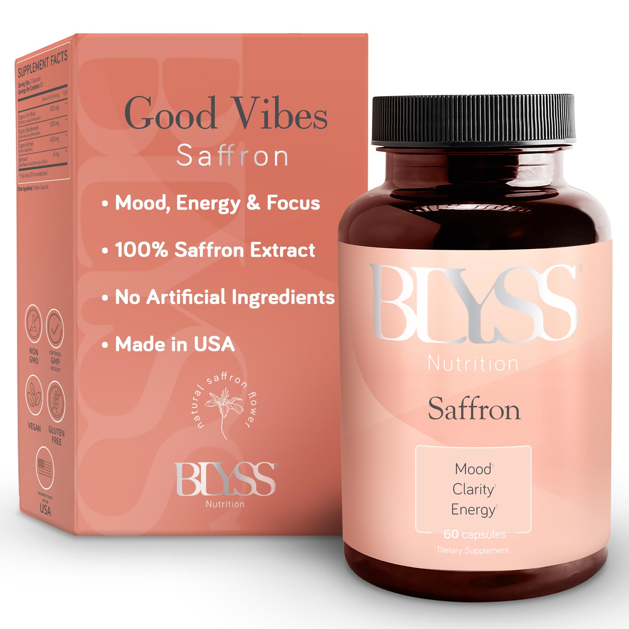 BLYSS Nutrition saffron supplements bottle label