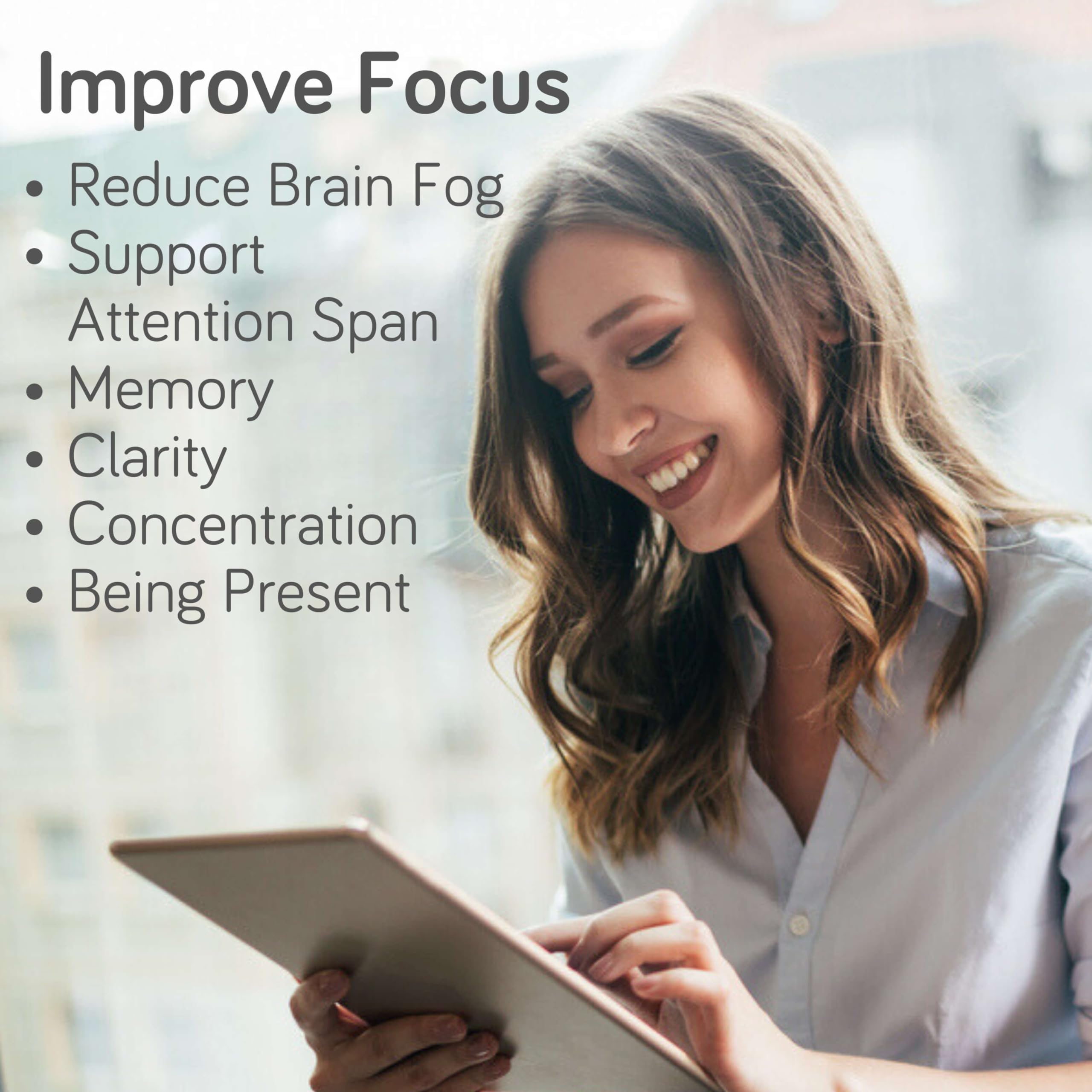 Lifestyle image showing a woman with mood support product