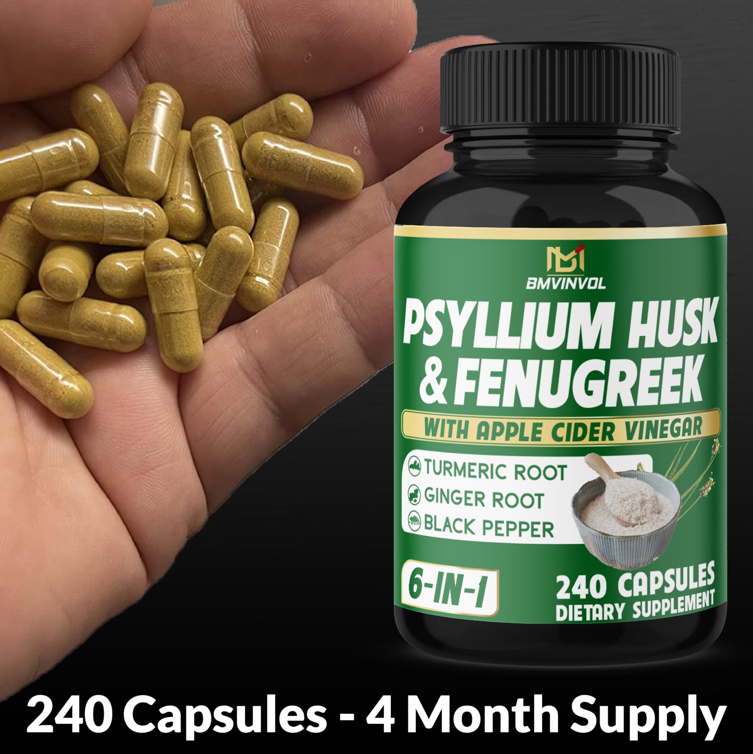 Graphic of ingredients: Psyllium Husk, Fenugreek, Apple Cider Vinegar, Turmeric, Ginger, Black Pepper