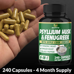 Graphic of ingredients: Psyllium Husk, Fenugreek, Apple Cider Vinegar, Turmeric, Ginger, Black Pepper