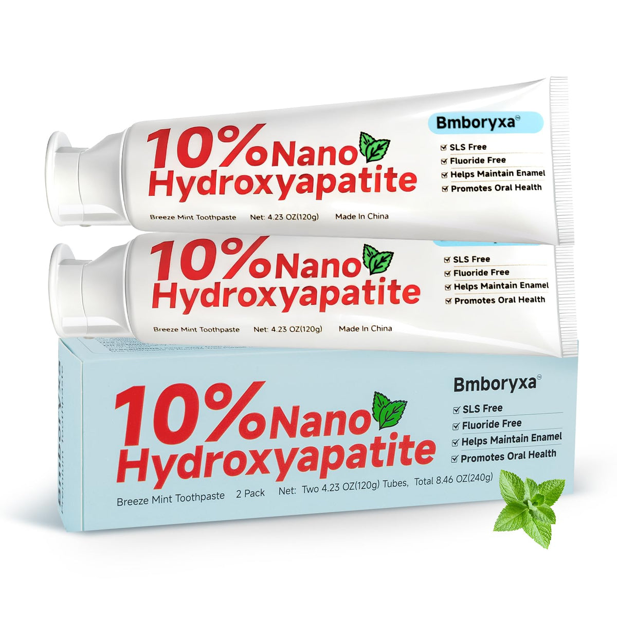 Main product shot of Bmboryxa 10% Nano Hydroxyapatite Toothpaste in mint flavor