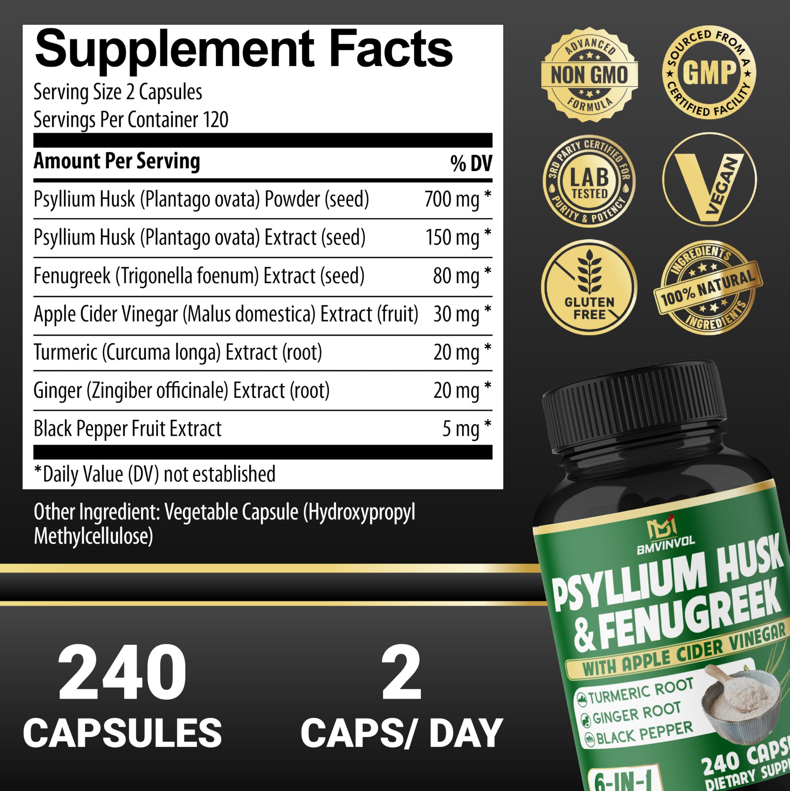 BMVINVOL 6-in-1 psyllium capsules side view