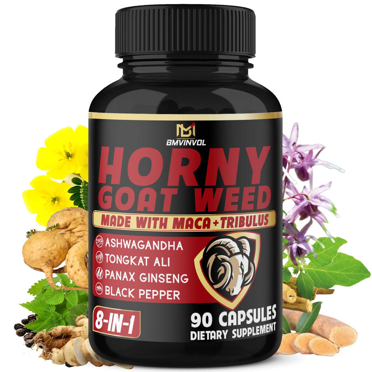 Bottle of BMVINVOL Horny Goat Weed Capsules with Maca, Ginseng, Tribulus, Ashwagandha and Black Pepper, 90-count