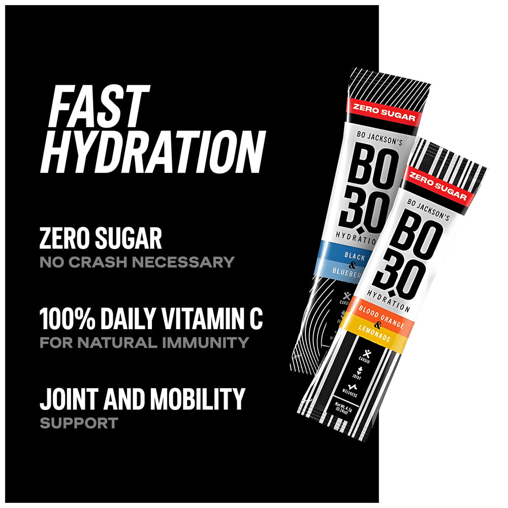BO3.0 sugarfree electrolyte packets pour into a glass for quick hydration during workouts.