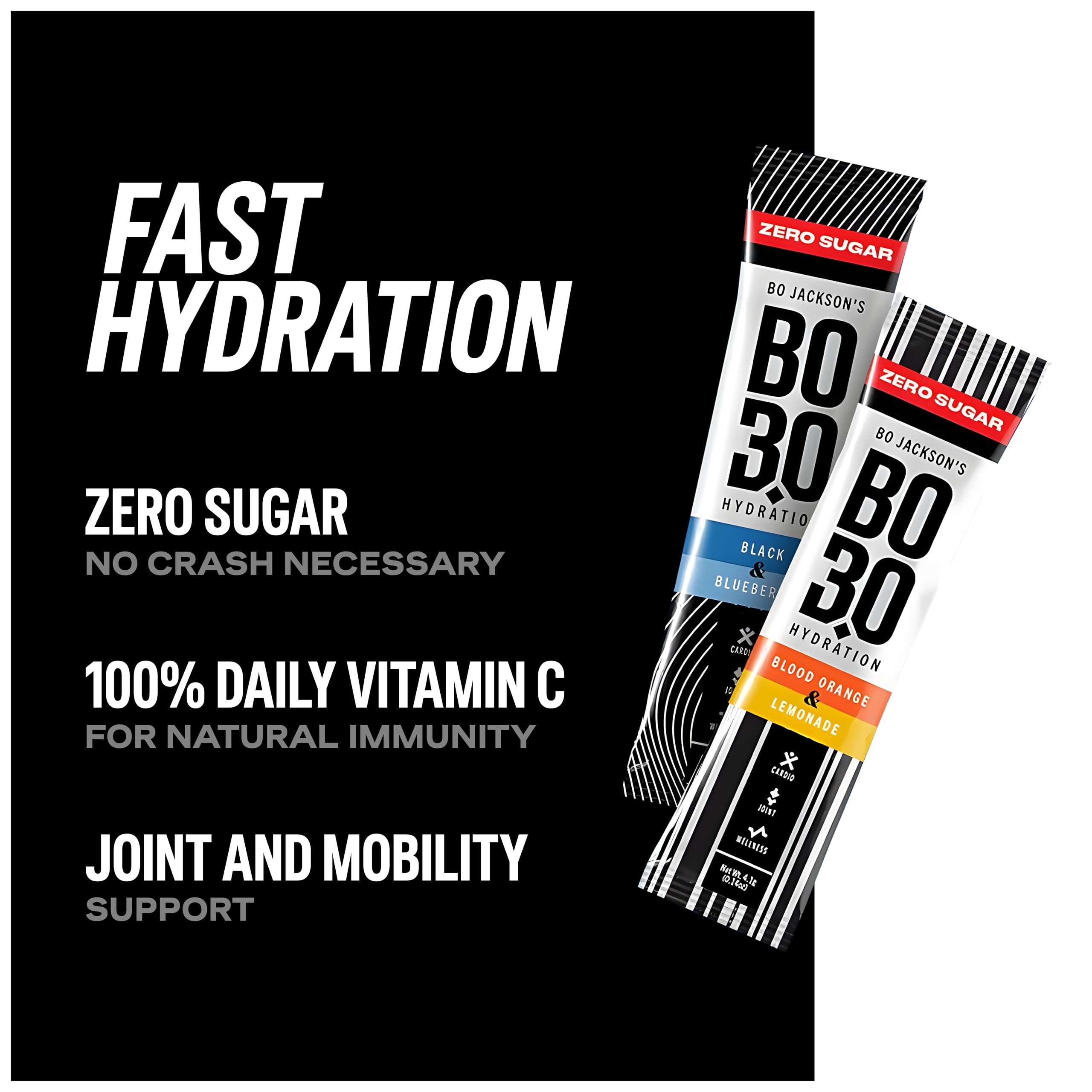 BO3.0 sugarfree electrolyte packets pour into a glass for quick hydration during workouts.