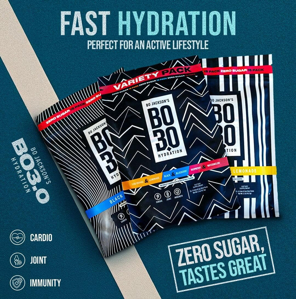 BO3.0 zero-sugar electrolyte travel packets ready for on-the-go hydration.