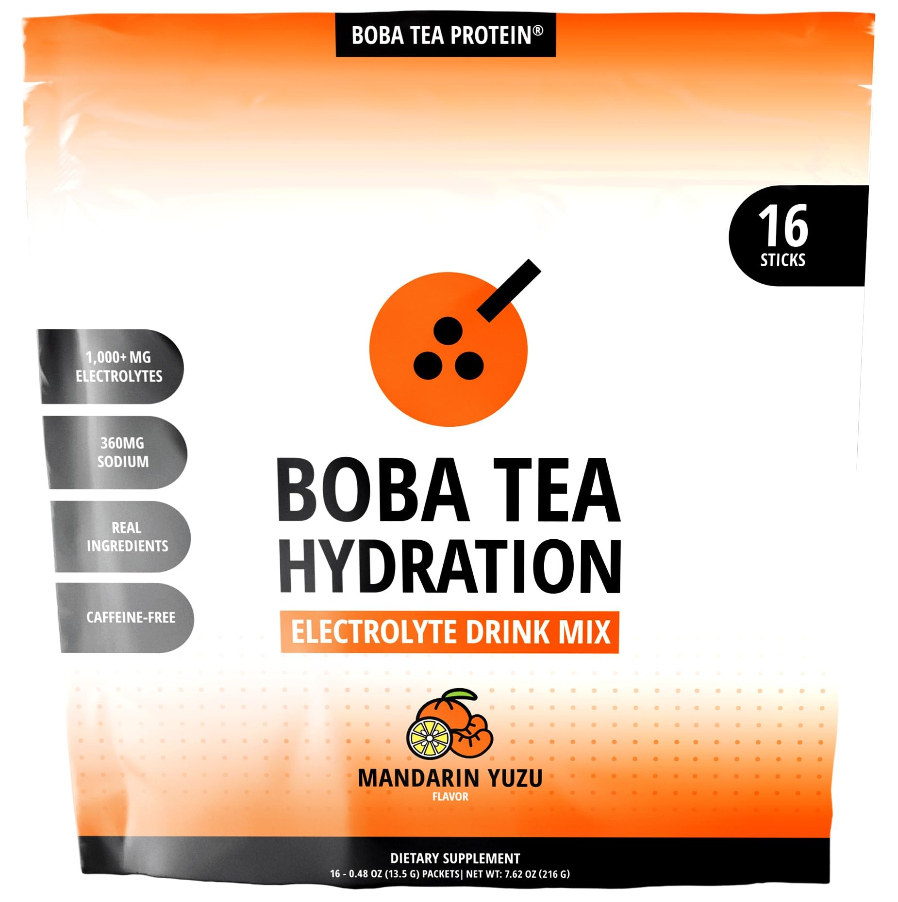 Front view of Boba Tea Hydration Mandarin Yuzu electrolyte powder box with 16-stick packets