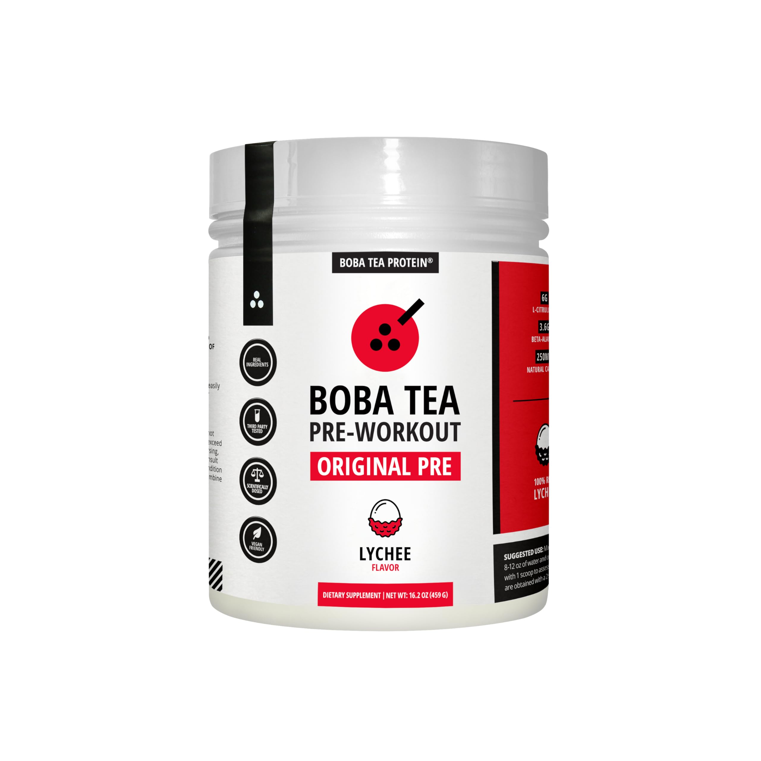 Boba Tea Protein Lychee preworkout tub with authentic lychee flavor for clean energy and focus.