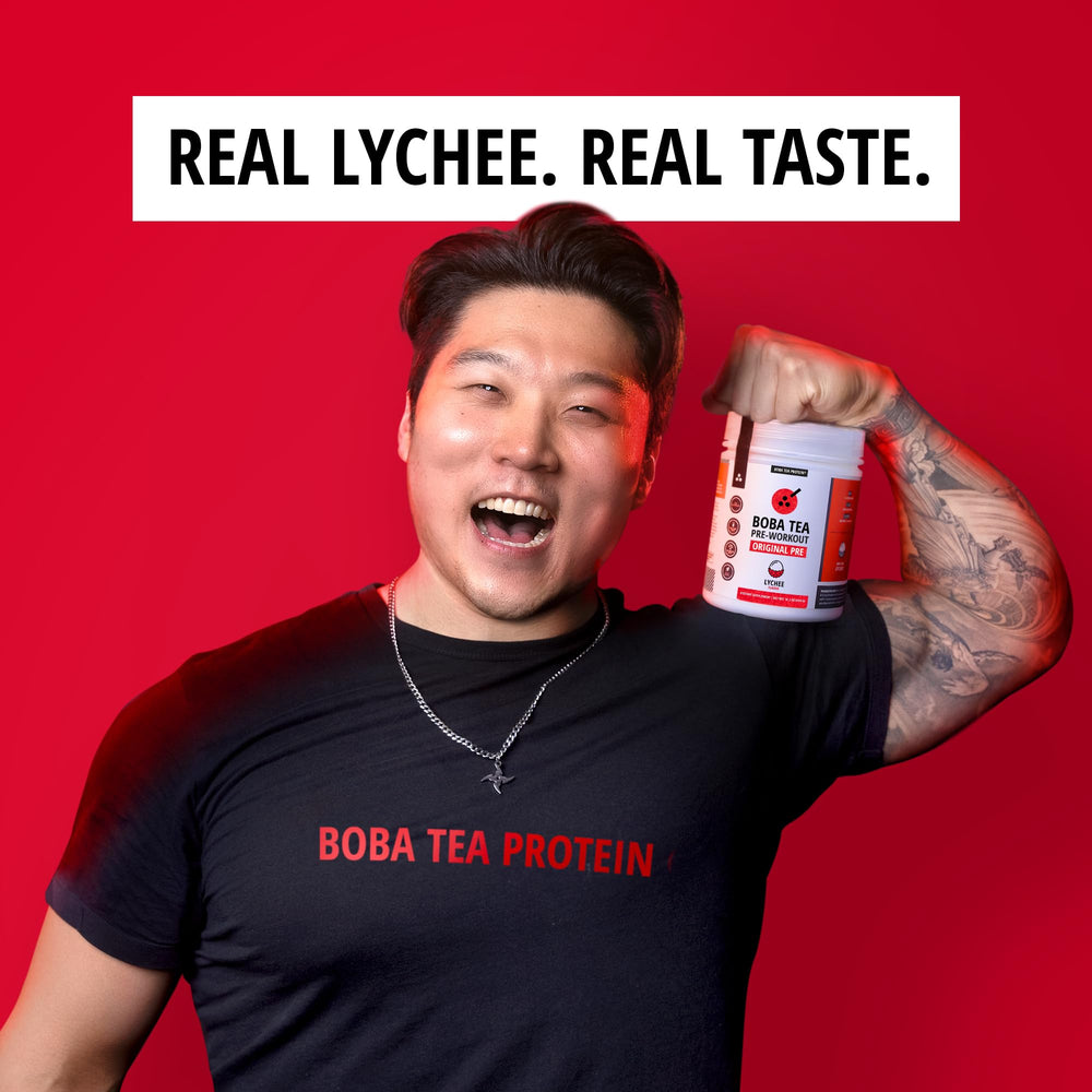 Boba Tea Protein Lychee scoop-dispense image showing precise serving size.