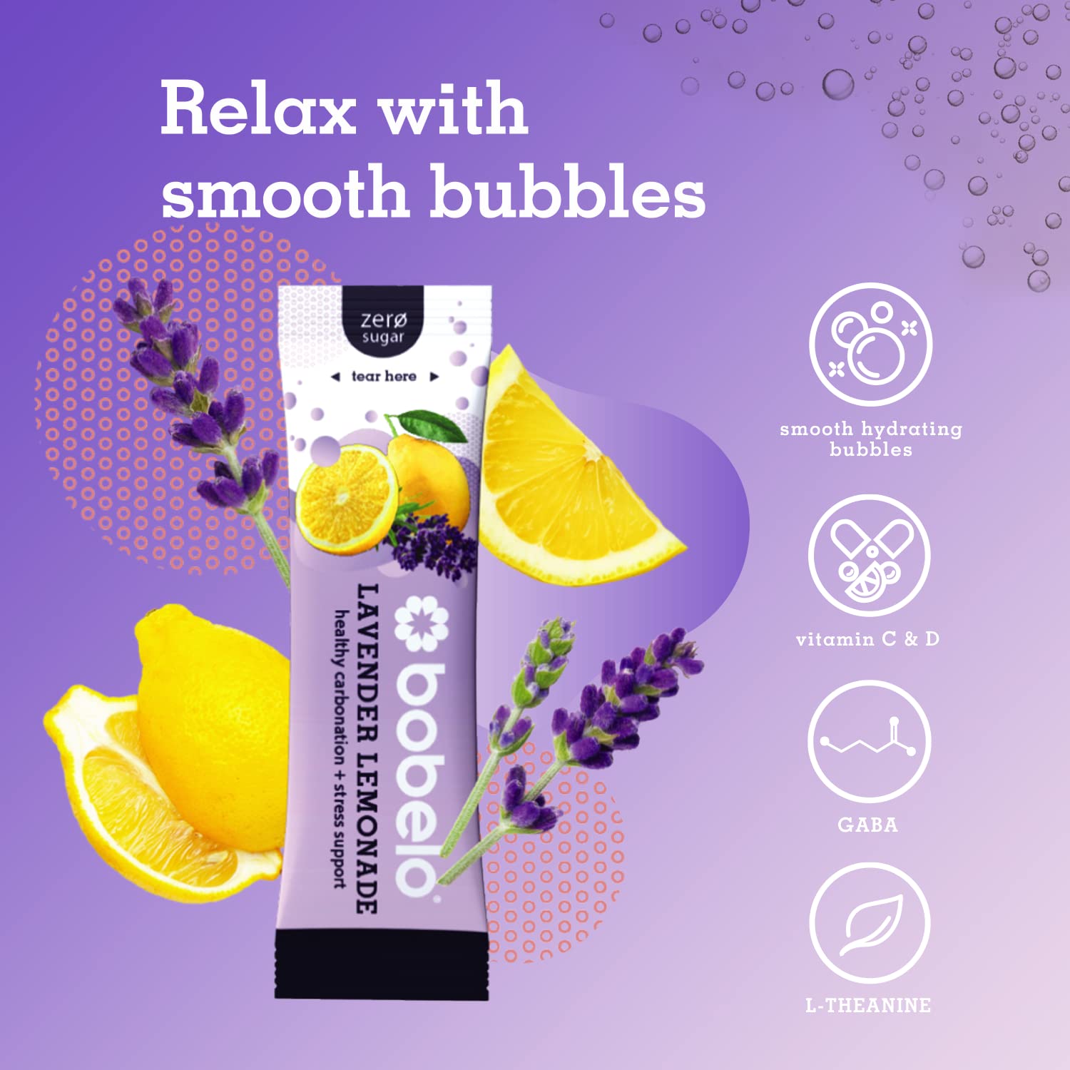 Bobelo Lavender Lemonade drink glass shows refreshing bubbles and real-fruit flavor for a post-workout lift.
