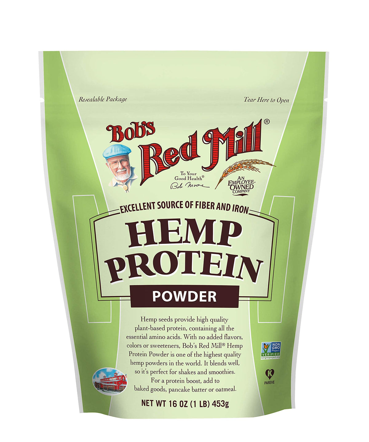 Bob's Red Mill hemp protein powder bag with reseal keeps smoothies fresh.