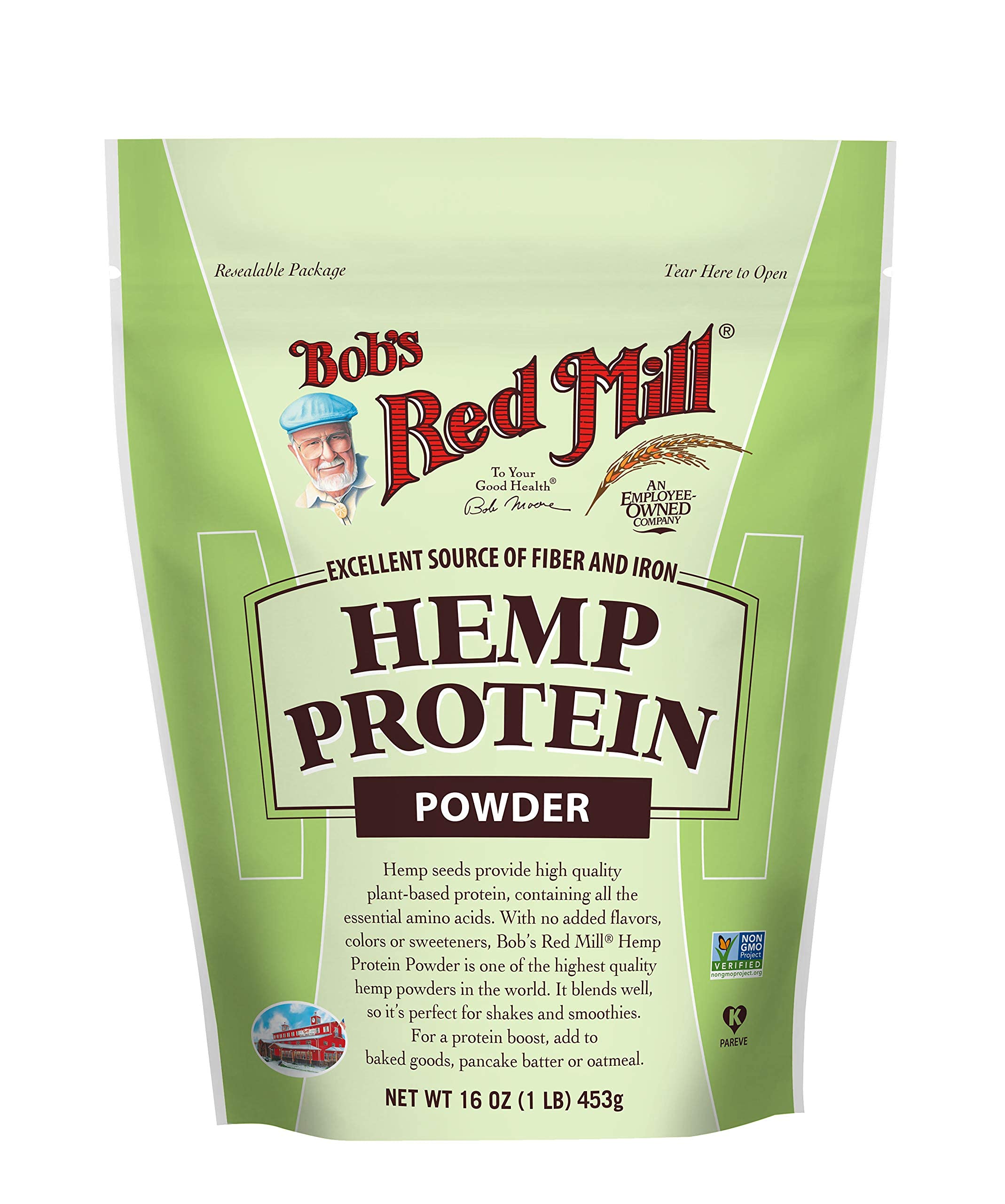 Bob's Red Mill hemp protein powder bag with reseal keeps smoothies fresh.