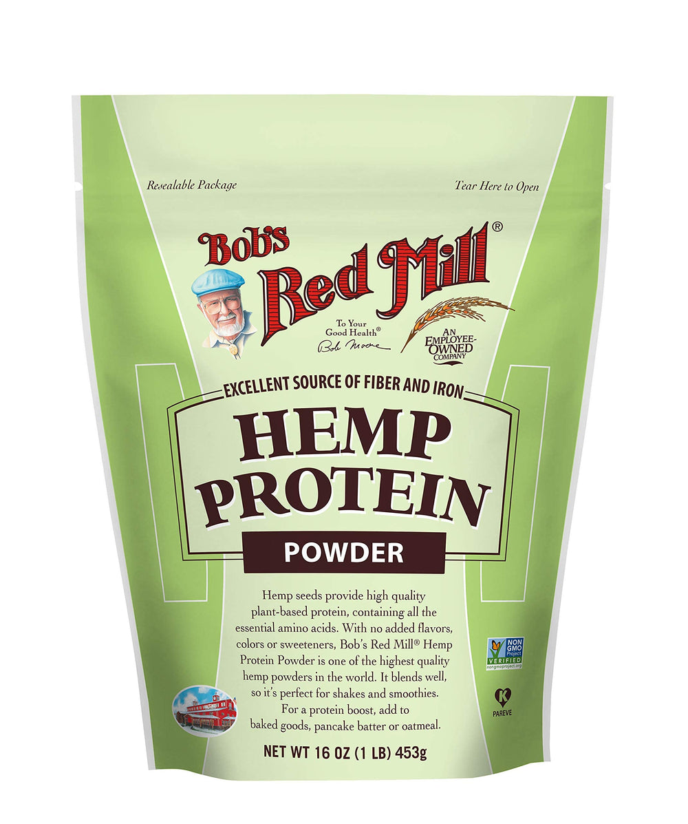Bob's Red Mill hemp protein powder bag with reseal keeps smoothies fresh.