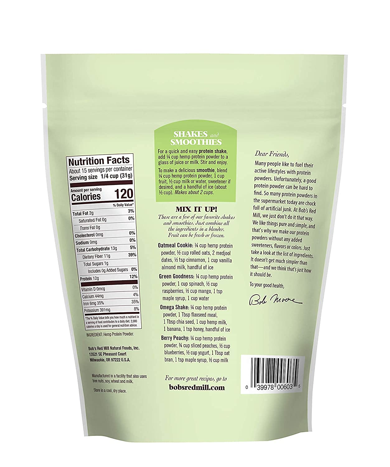 Bob's Red Mill hemp protein powder scoop ready for quick mixes