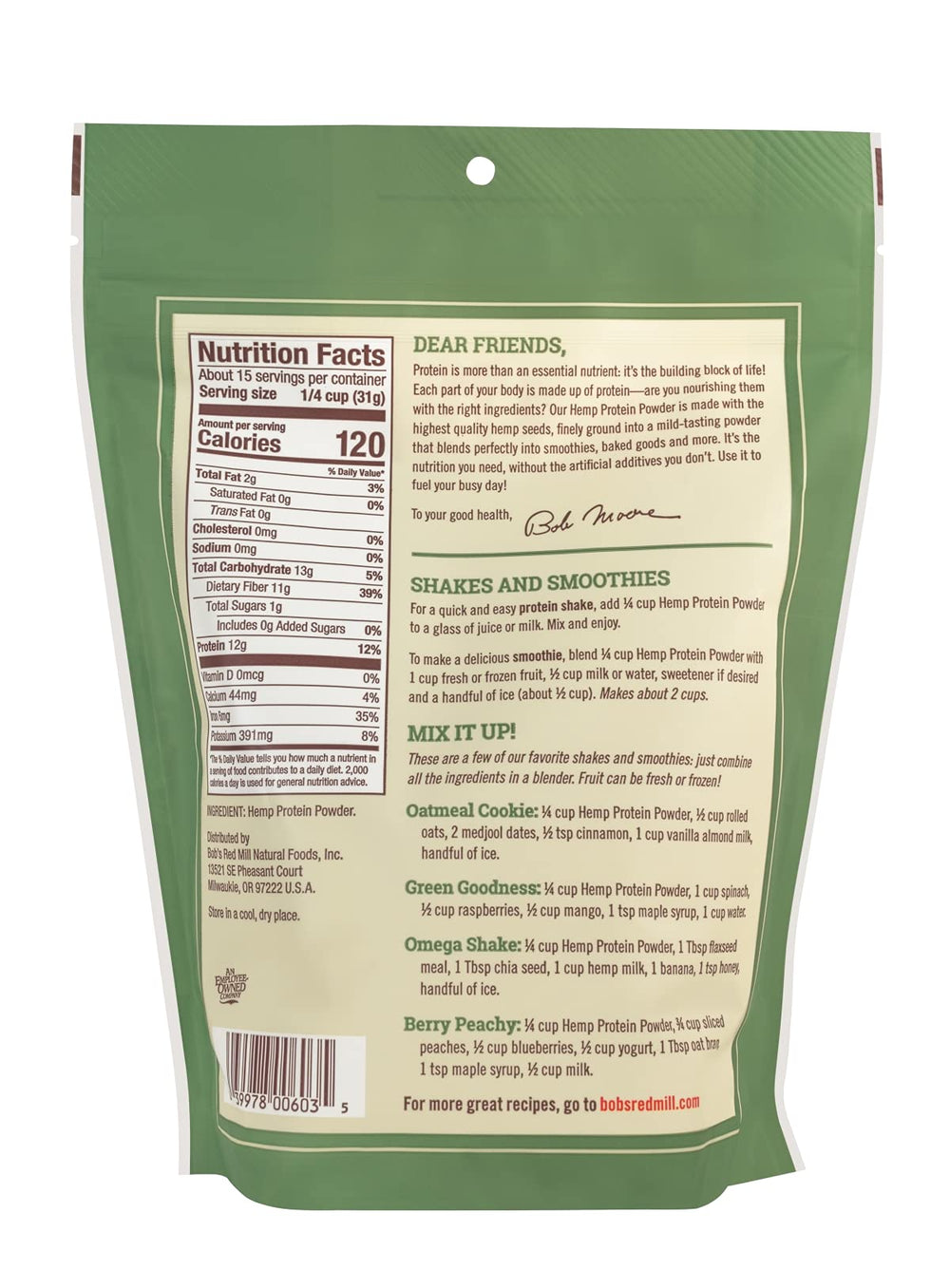 Bob's Red Mill hemp protein powder smoothie ready to blend for protein-rich drinks