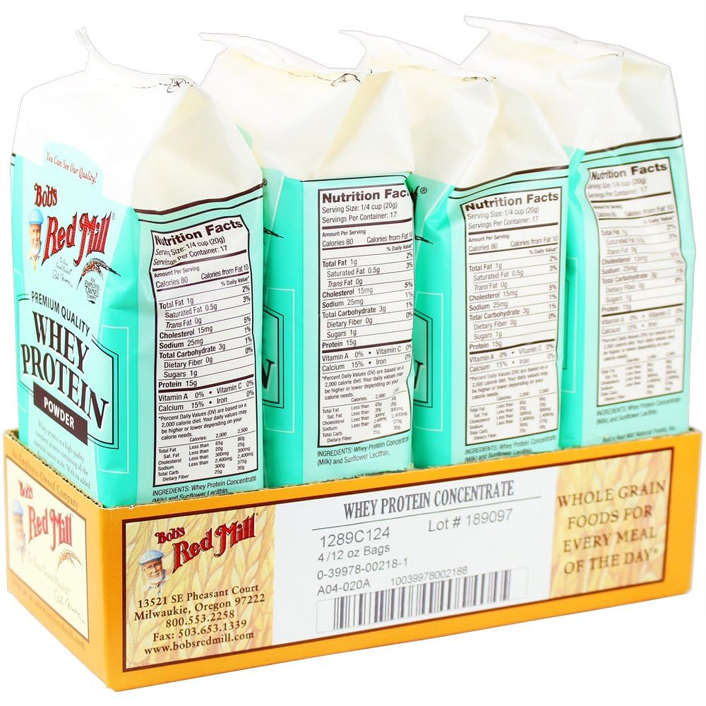 Close-up of Bob's Red Mill whey protein concentrate label highlighting all-natural ingredients.