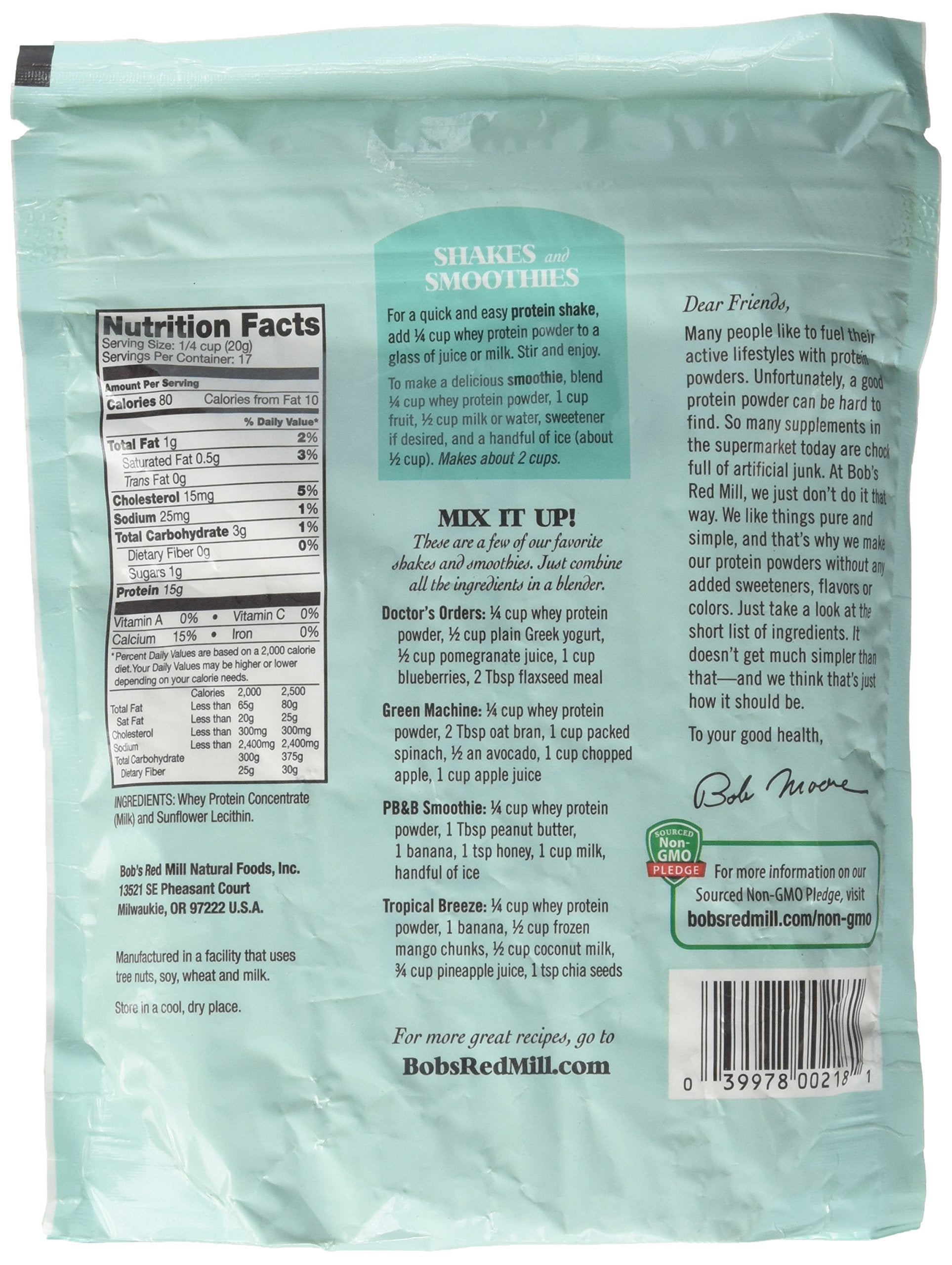 Bob's Red Mill whey protein concentrate pack of four, back label with nutrition details.