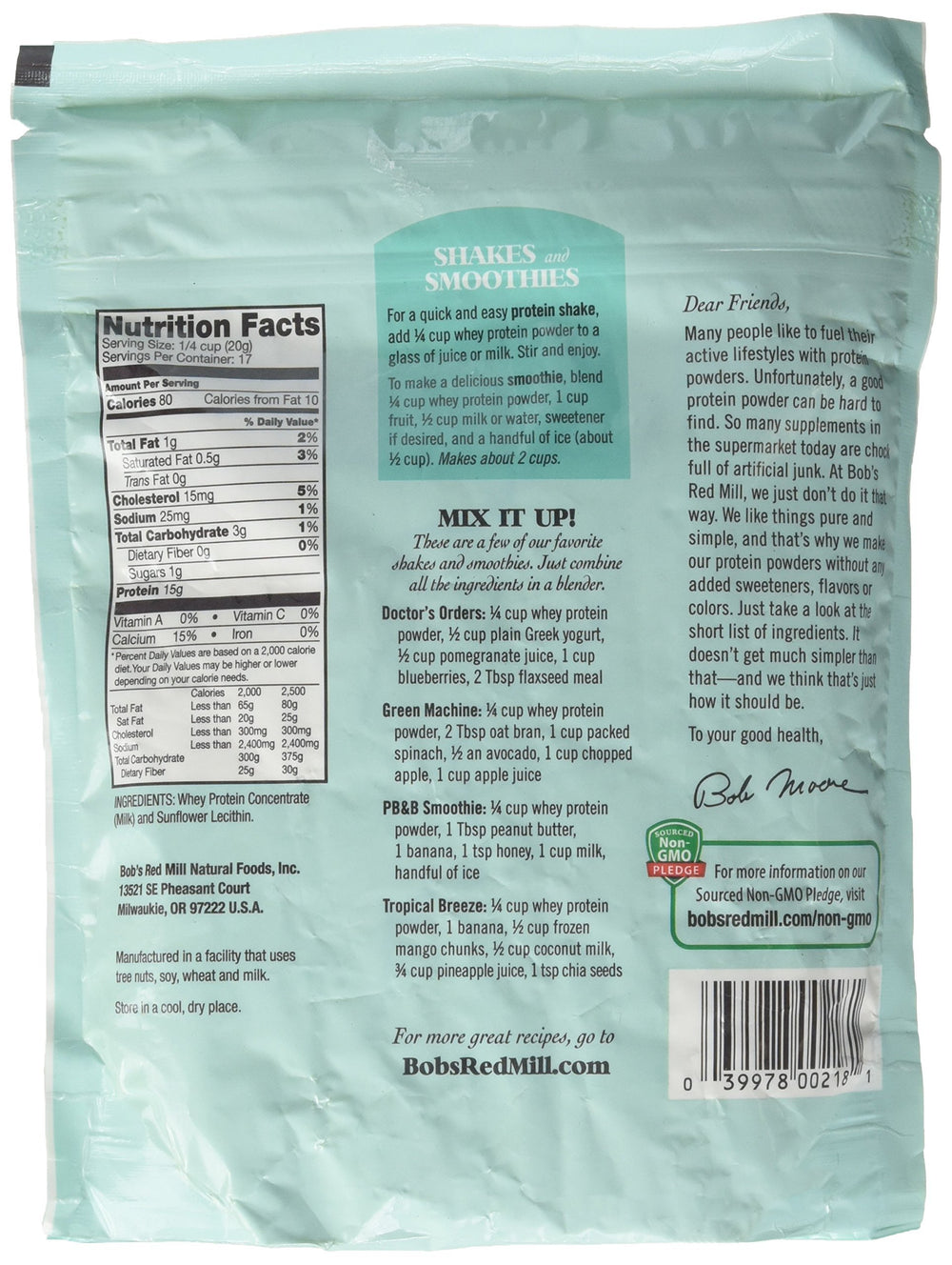 Bob's Red Mill whey protein concentrate pack of four, back label with nutrition details.