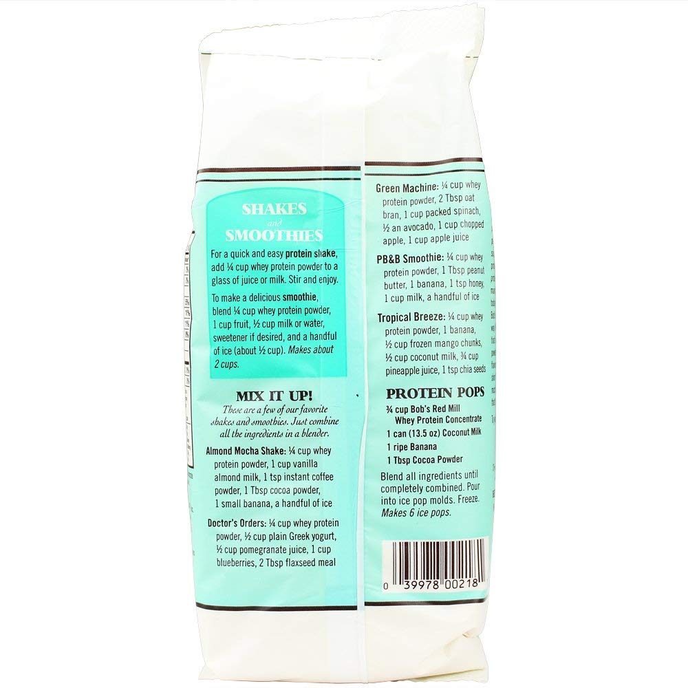 Glass of protein shake made with Bob's Red Mill whey concentrate for a smooth, neutral mix.