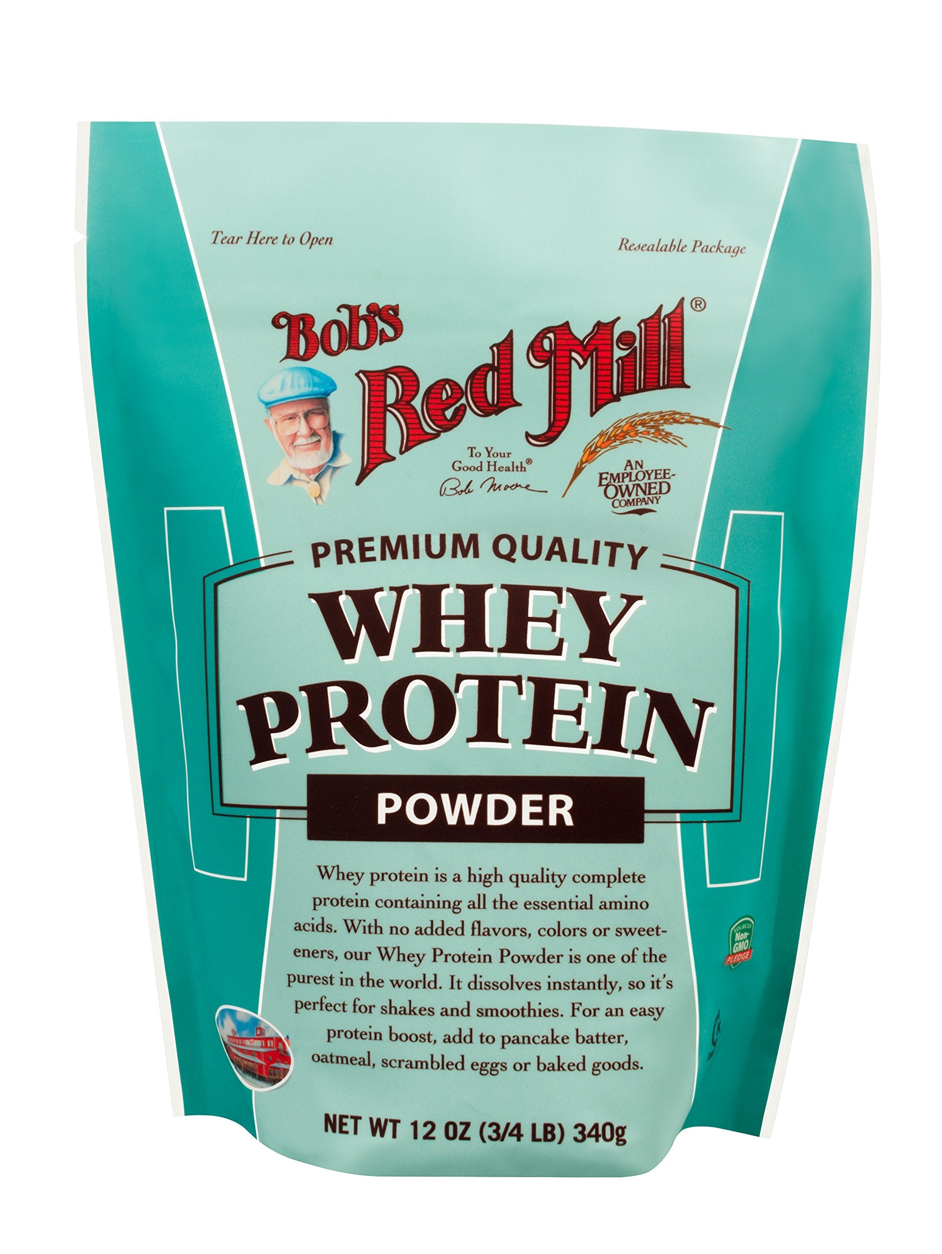 Bob's Red Mill whey protein powder canister front highlights complete protein for shakes.