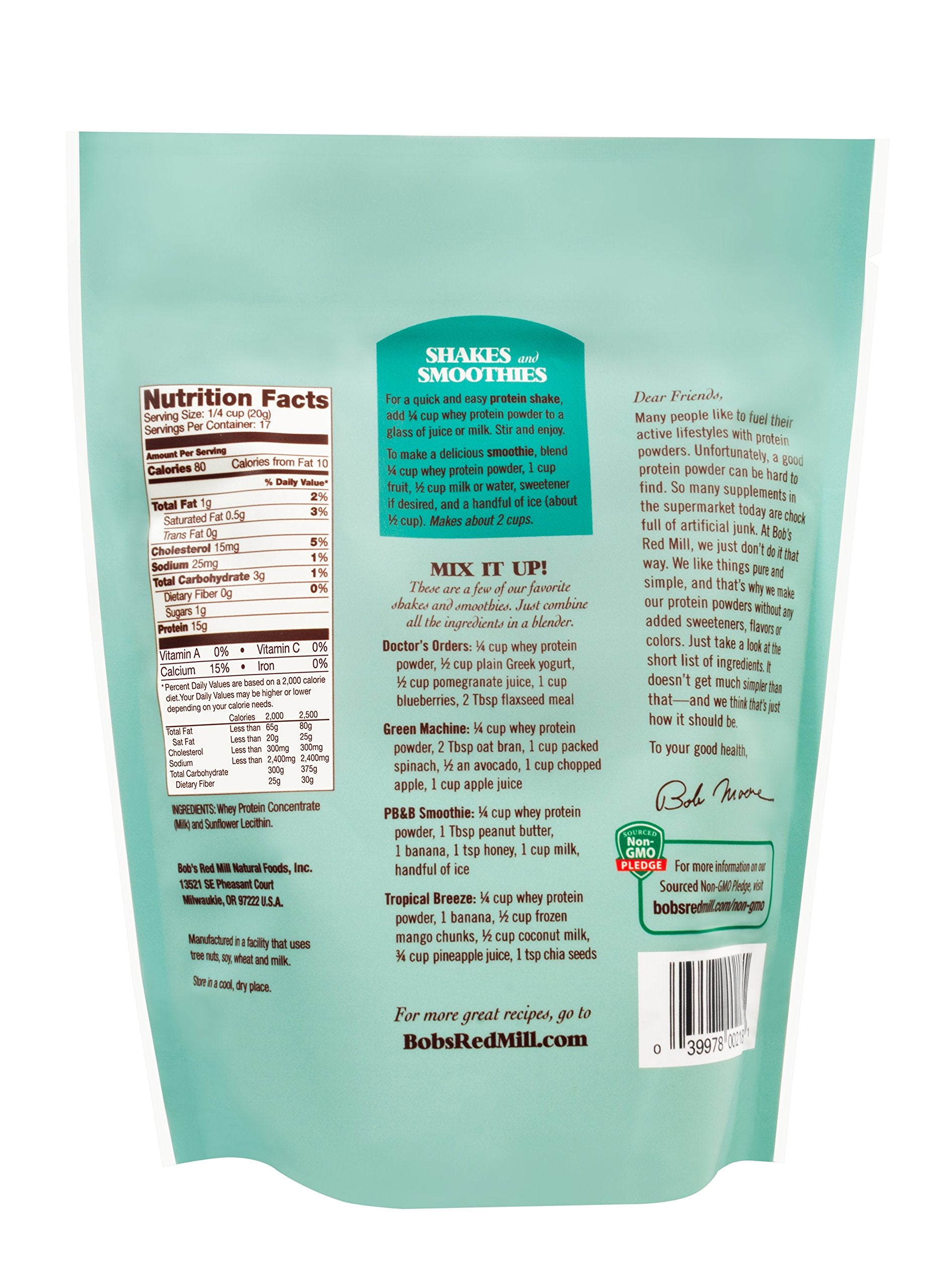 Bob's Red Mill whey protein powder nutrition panel view emphasizes unflavored, unsweetened protein.