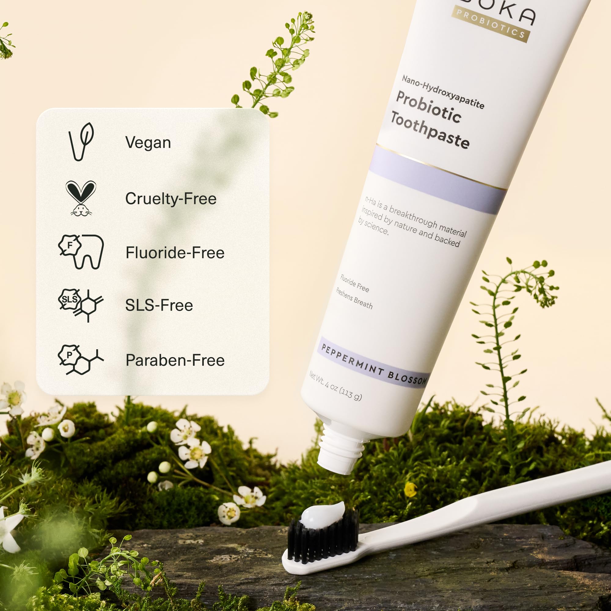Biocompatible fluoride-free toothpaste packaging and claims