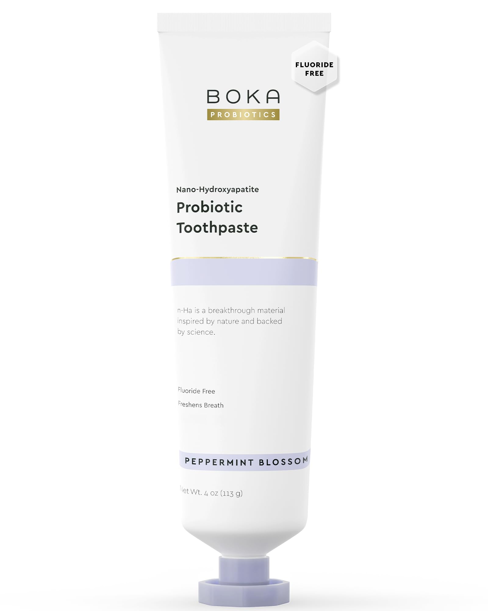 Boka fluoride-free toothpaste tube with mint blossom packaging