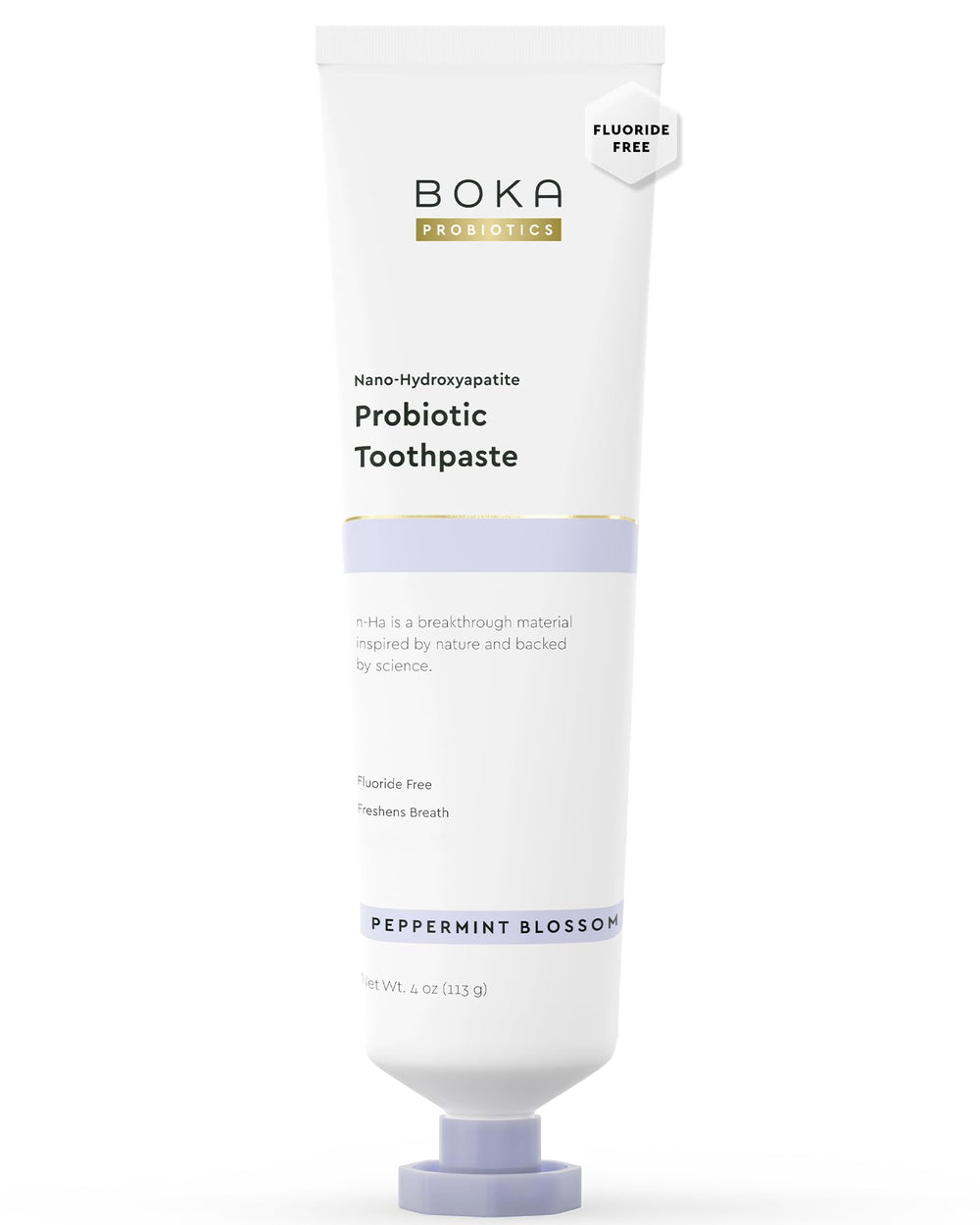 Boka fluoride-free toothpaste tube with mint blossom packaging
