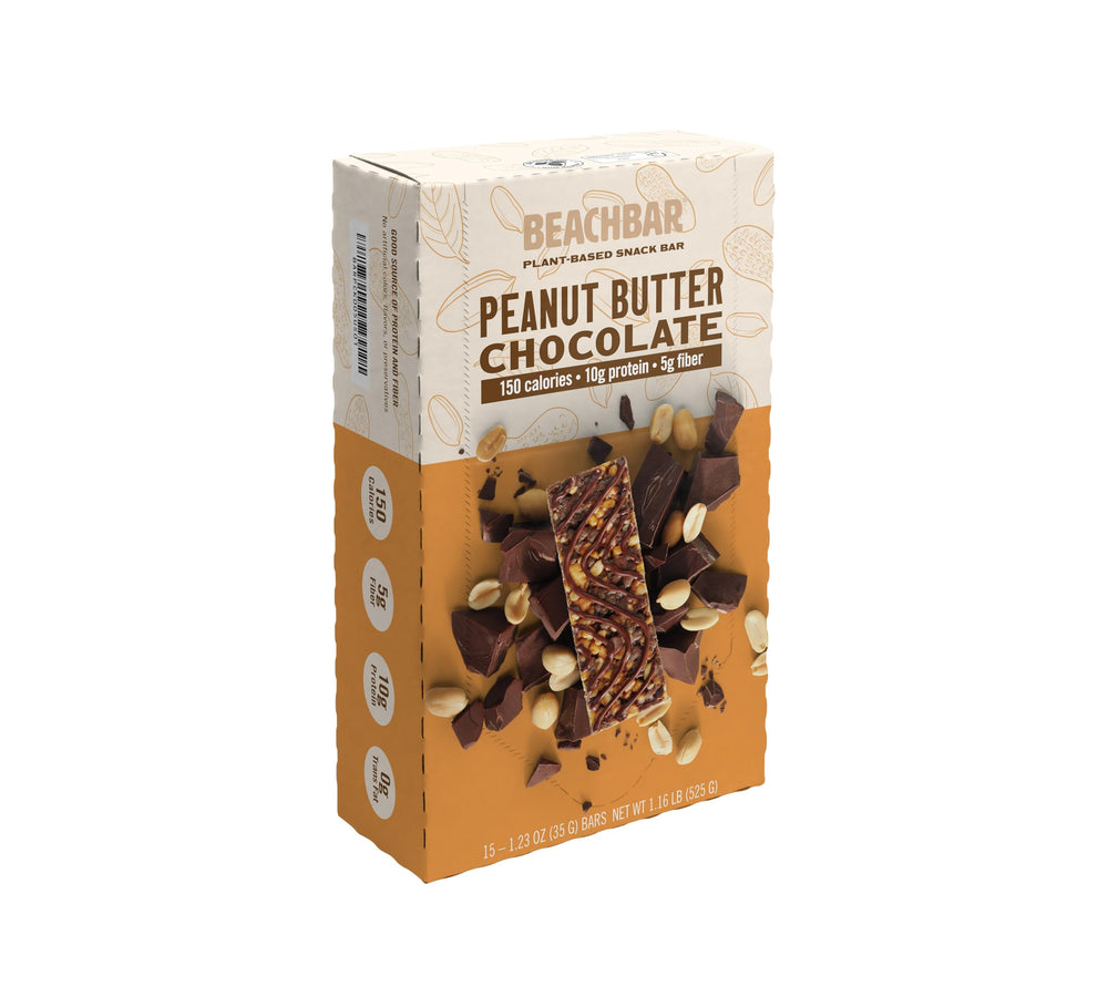 BODi Beachbar pack shot emphasizing convenient protein-rich vegan snack for busy days.