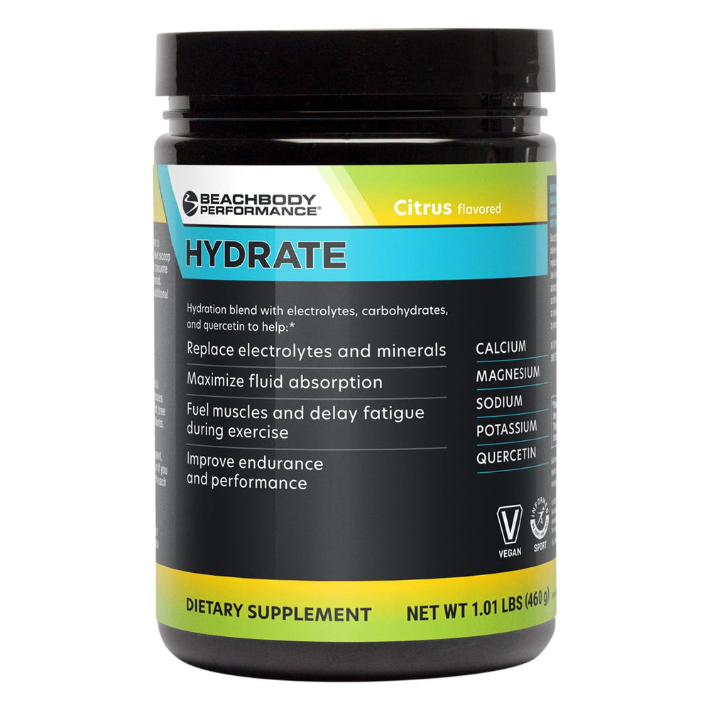 BODi Hydrate tub side view shows electrolyte powder for optimized hydration during workouts